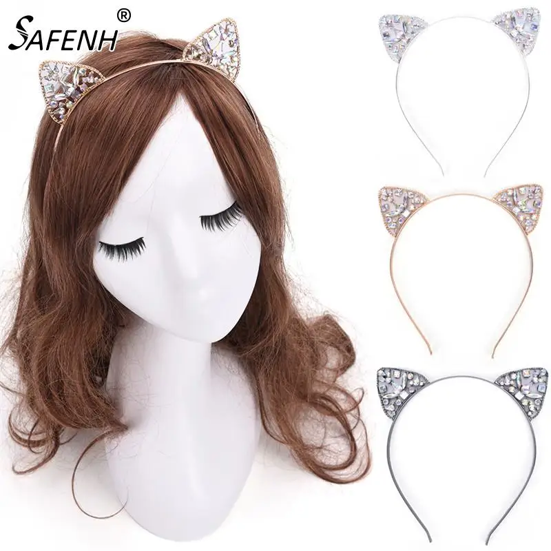 

Cat Ears Girls Hair Hoop Crown Tiara Headband Rhinestone Silver Gold Black Hairband Hair Jewelry