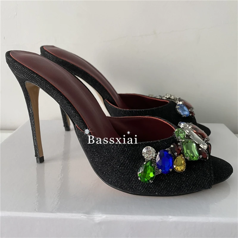 Luxury Diamond Rhinestone Buckle Sandals Women 10cm Stiletto Heel Denim Blue Slingbacks Summer Mules