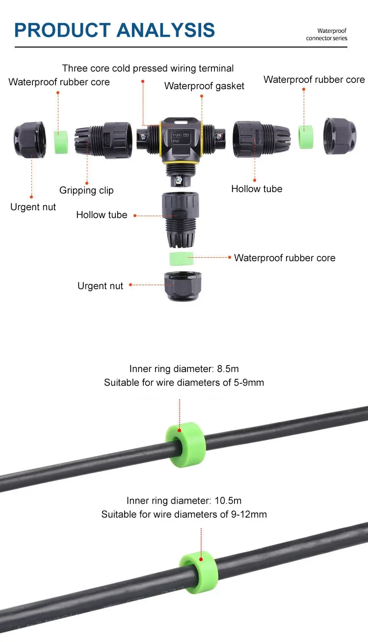 Description Picture 4 of itemWaterproof M20 T-type 3Pin Connector Cable 24A 400V IP68 2 3 4 pin Outdoor 5-12mm LED Street Lamp Screw Wire Junction Box