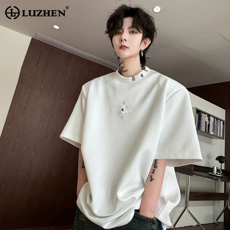 

LUZHEN Metal Decorate Embroidery Design Trendy Short Sleeved T Shirts Original Personality Trendy Street Korean Men Tops LZ3189