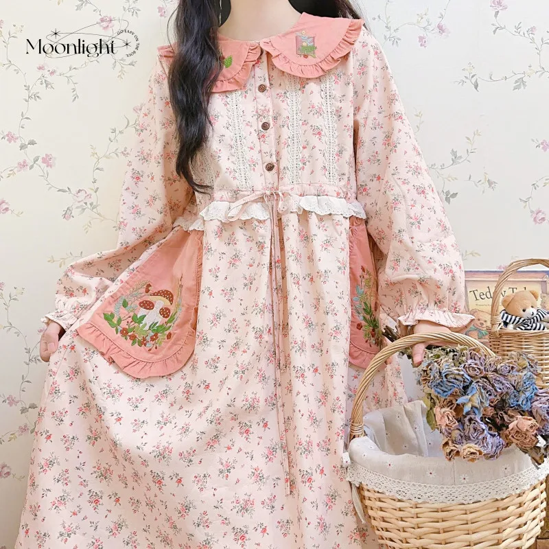 

Kawaii Doll Collar Embroidery Floral Thickened Dress Women Winter Japanese Mori Girl Patchwork Long-Sleeved Loose Pink Dresses