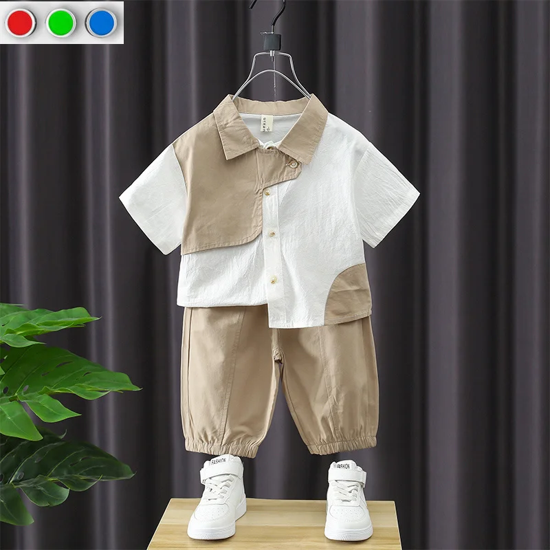 

2024 New Baby Thin Short Sleeved Shirt+ Long Pants Children's Boy Handsome Birthday Party 2pcs Set Teens Boys Cotton Summer Suit
