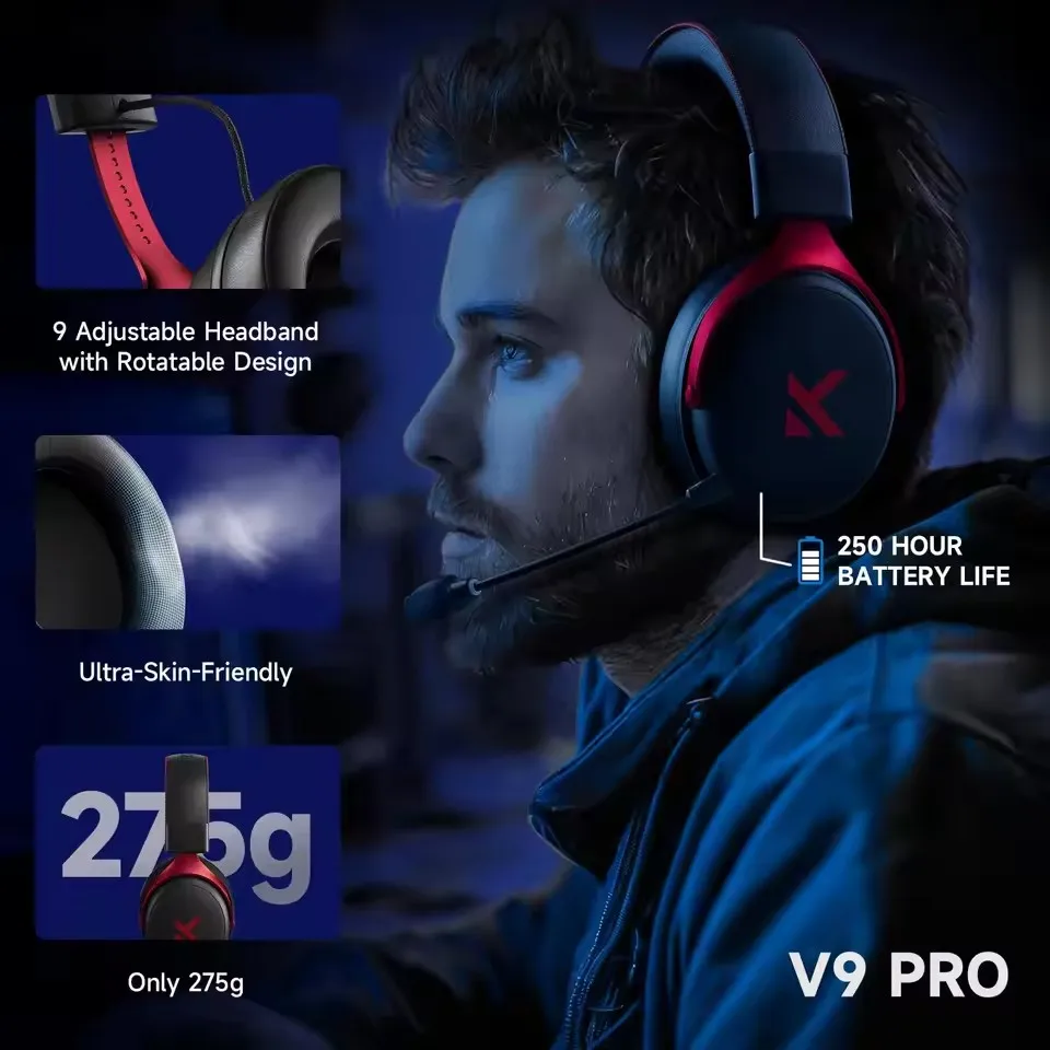MCHOSE V9 Pro Wireless Gaming Headset AI Noise Canceling Mic Low Latency Lightweight Surround Sound Tri-Mode E-sport Headphones