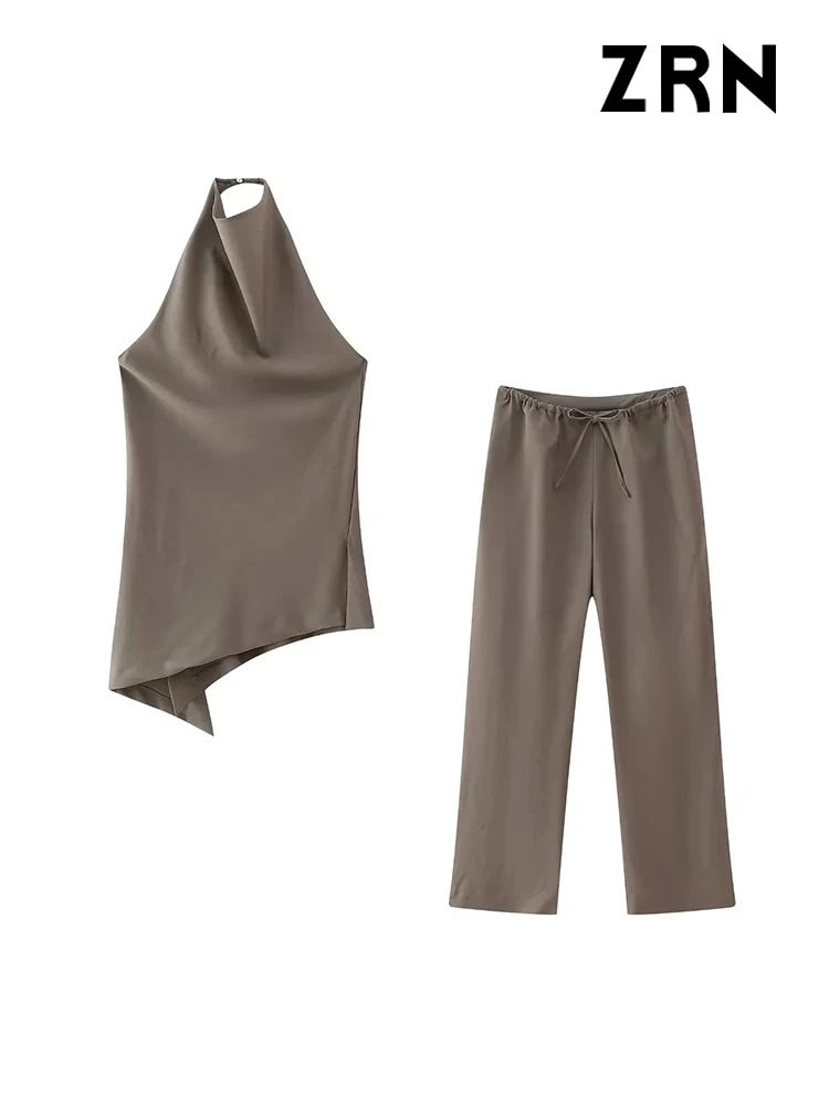 ZRN-Pleated Asymmetric Halter Tank Tops and Straight Pants for Women, Female Two Piece Sets, Fashion