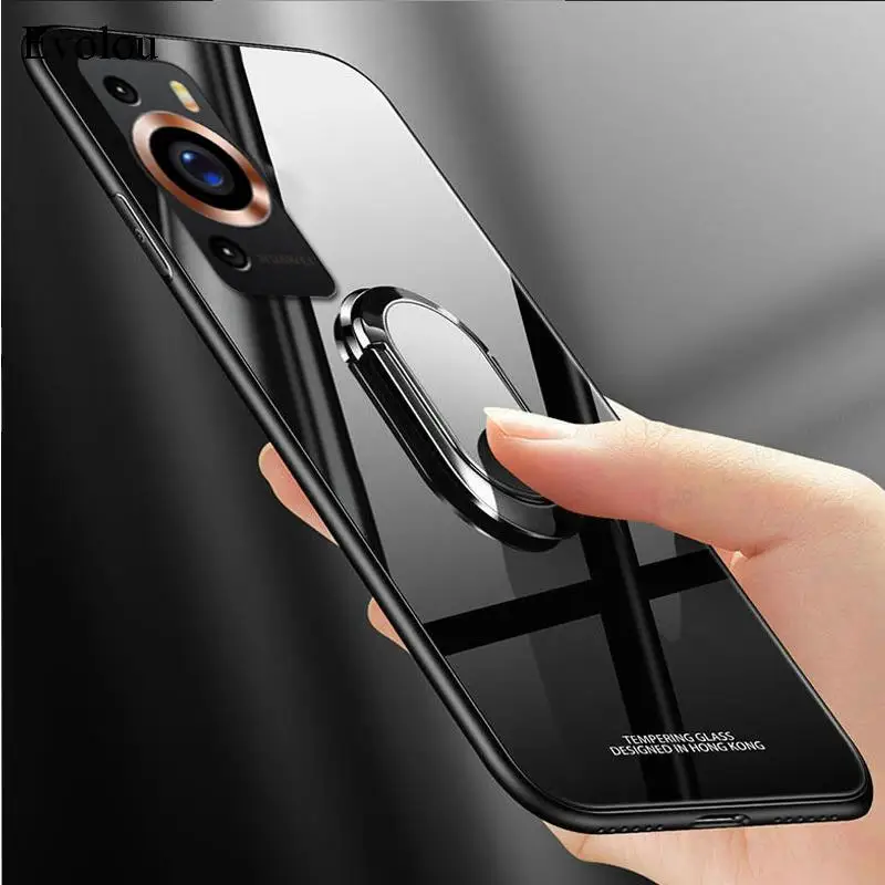 Magnetic Ring Stand Holder Shockproof Case with Tempered Glass and Lanyard