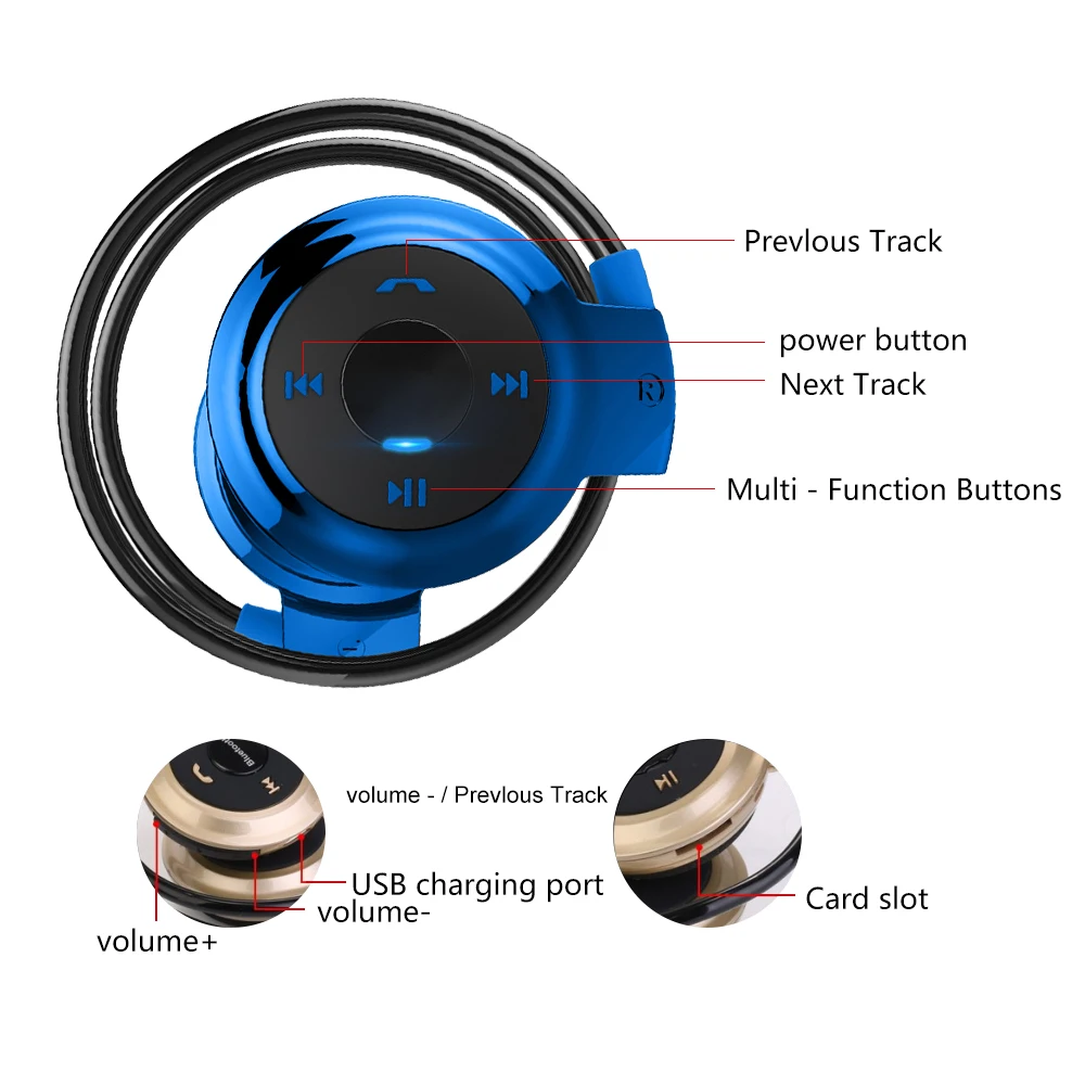 Sport Wireless Bluetooth-compatib Headphones Stereo Earphones Mp3 Music Player Headset Earpiece Micro SD Card Slot Handsfree Mic 6