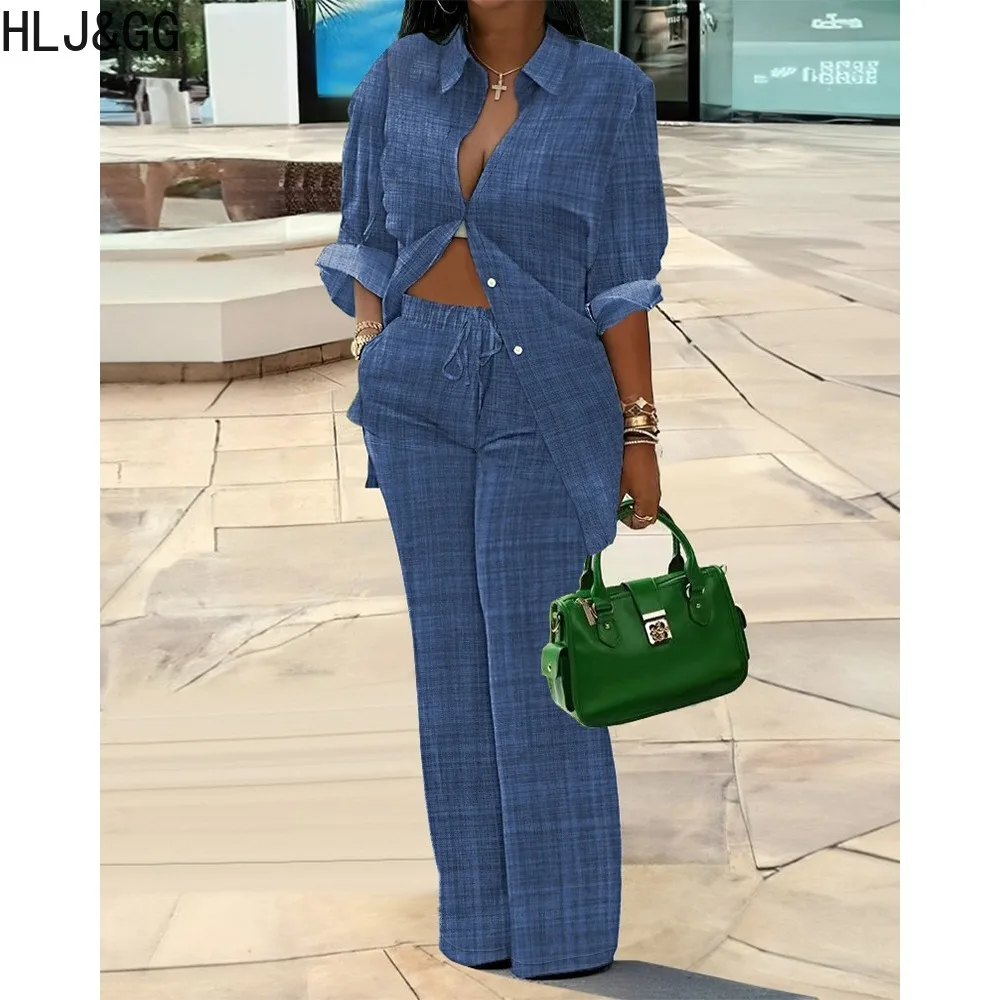 HLJ&GG Casual Autumn Color Plaid Print Two Piece Sets Women Turndown Collar Long Sleeve Shirts+Wide Leg Pants Outfits Streetwear