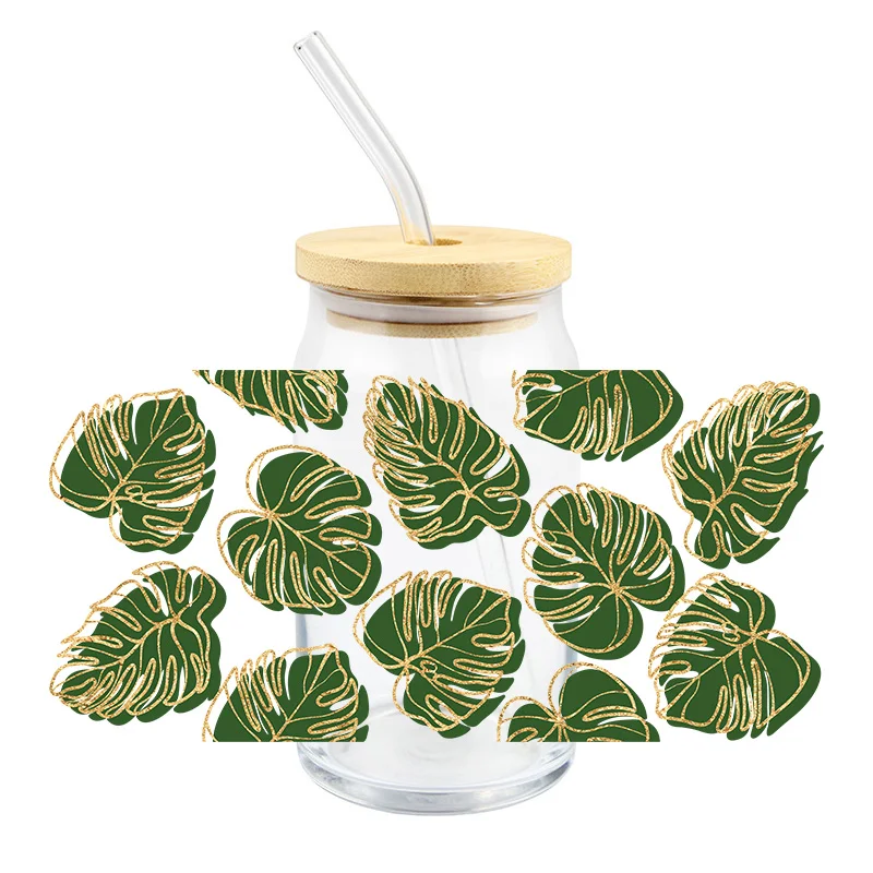 Green Turtle Back Leaves Uv Dtf Transfer Sticker 16Oz Glass Cups
