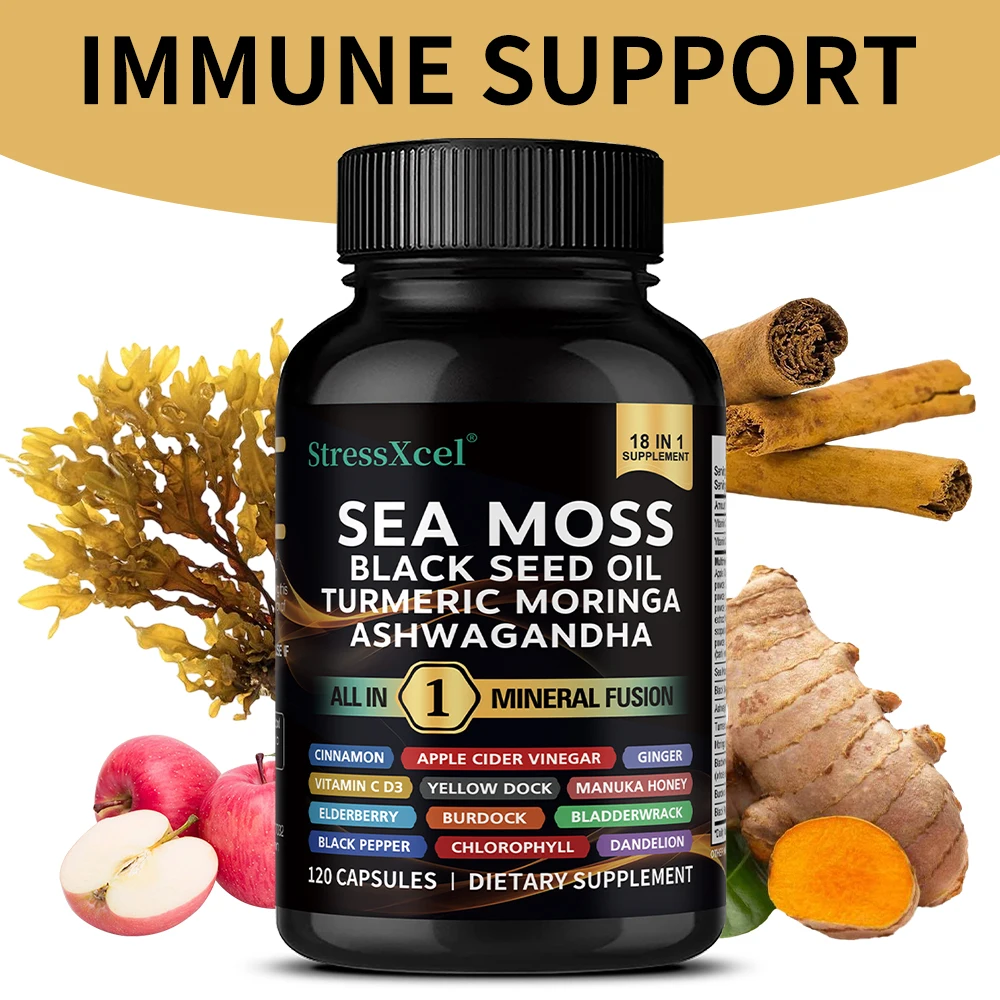 Sea Moss Black Seed Oil Ashwagandha Ginger Capsule Supplement with Turmeric Vitamin C Vitamin D3 Enhanced Immunity & Energy