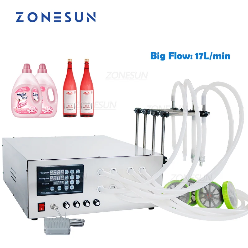 ZONESUN 17L/min Semi-Automatic 4 Nozzle Edible Palm Oil Lotion Shampoo Detergent Bottle Liquid Filling Machine functional luxury full automatic first class space module intelligent electric massage and shampoo bed