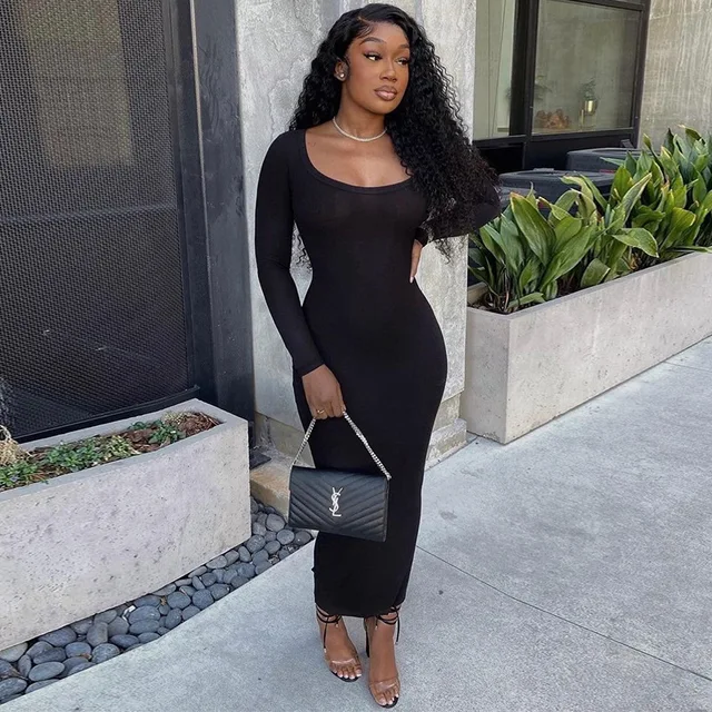 Fashion Black Long Sleeve Bodycon Sexy Maxi Dress For Women Spring Autumn  Square Collar Long Dresses Y2k Festival Streetwear New - Dresses -  AliExpress