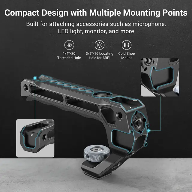 SmallRig NATO 상단 핸들 라이트 3766은 휴대용 카메라 핸들로 소니, 캐논, 니콘 카메라와 호환되며, 빠르고 쉬운 장착을 위한 릴리스 NATO 클램프가 있습니다.