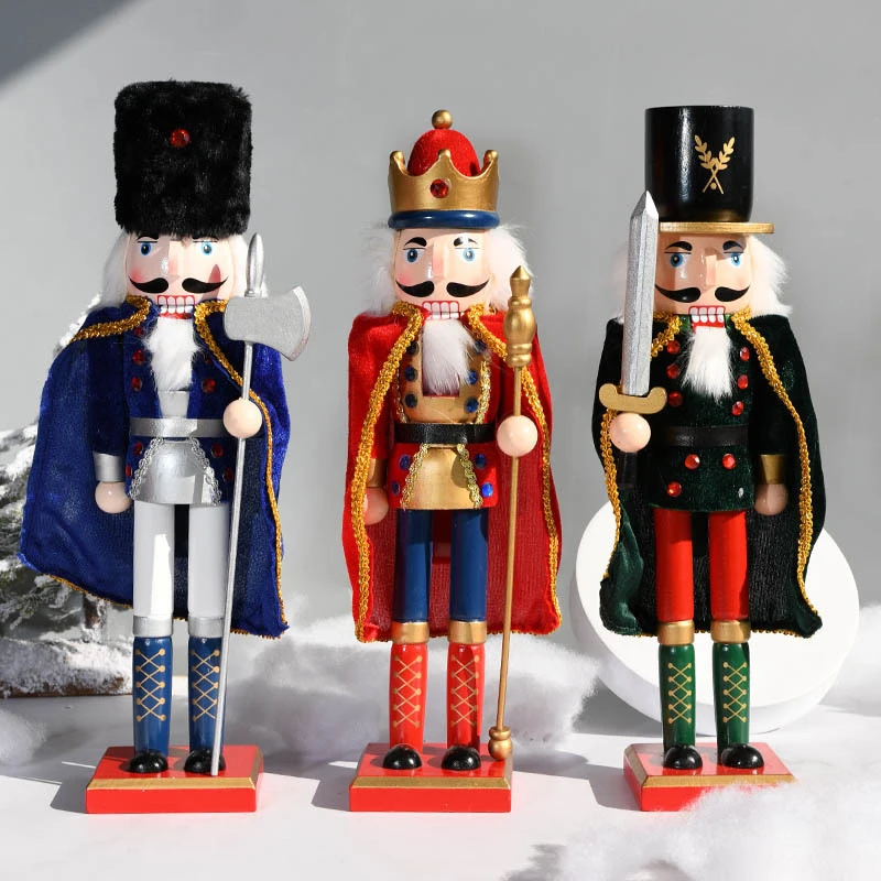 

Merry Christmas Decoration 38cm Nutcracker Puppet Solider Cloak King Wooden Doll Walnut Handcraft Figurine Home Office Decor