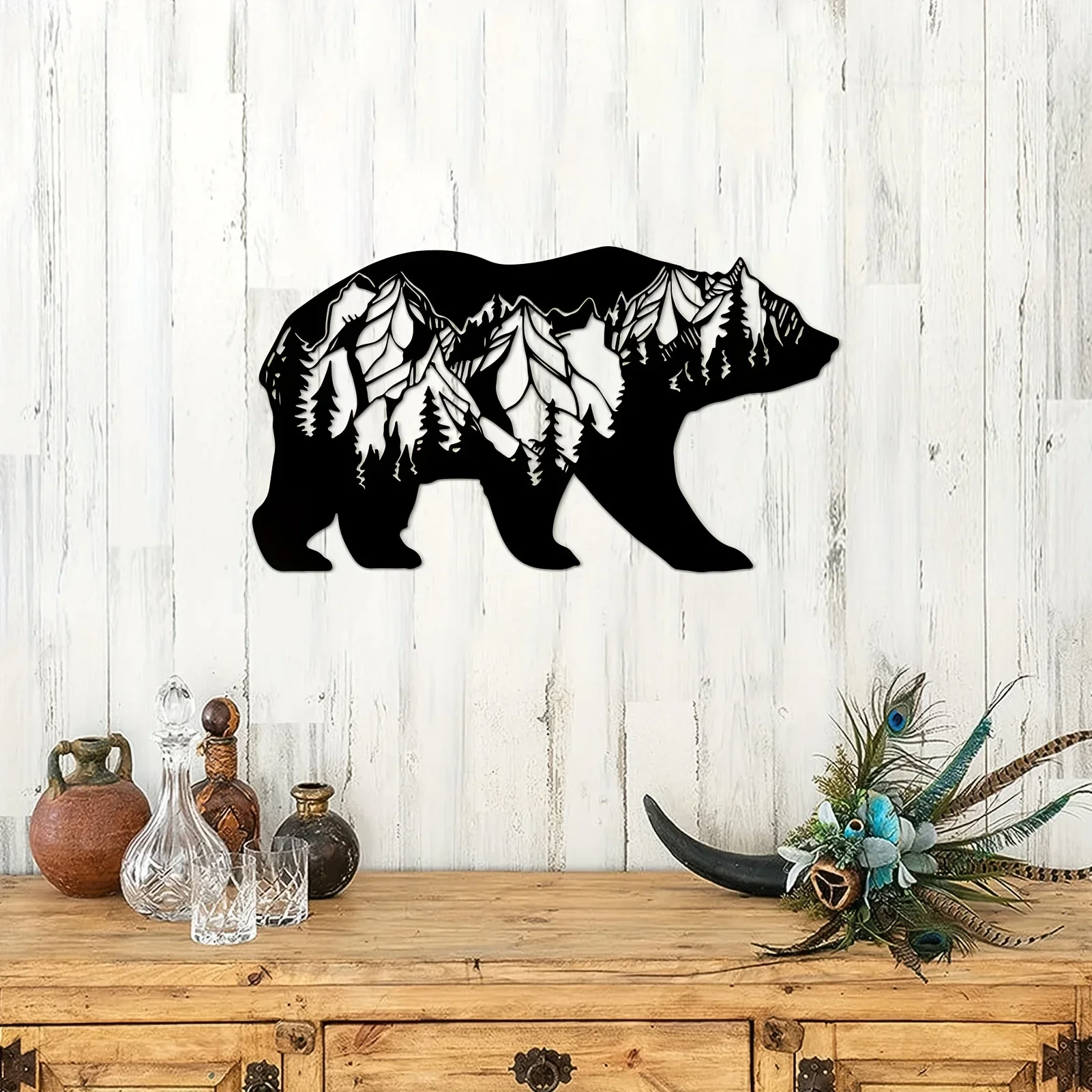 

Hello Young Bear and Forest Metal Wall Mounted Art Decor Modern Wall Decorations Suitable for Bedroom Office Farmhouse Fence Dec