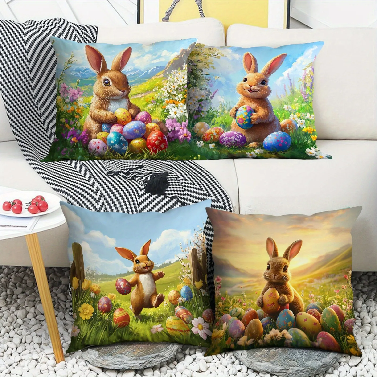 Happy Easter pillow cover Spring cute bunny and floral pattern printing home room decoration Sofa chair cushion cover 2