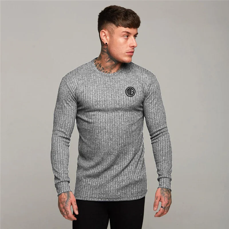 

Autumn Breathable Comfortable Fashion Knitted Muscle T-shirt Mens Slim Long Sleeve Vertical Stripes Gym Fitness Casual Pullovers