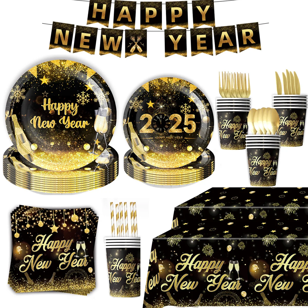 Happy 2025New Year Party Decoration Disposable Tableware Black Gold Cup Plate Tablecloth Banner Napkin Dackdrop Cheer 2025 Party