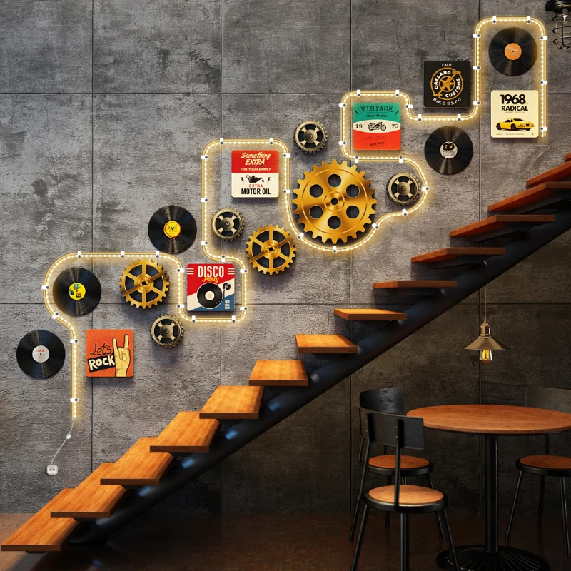 Retro Industrial Lighted Wall Art, Creative Gear & Record Combination, Bar or Pub Wall Decor, Unique Decoration for Lounge