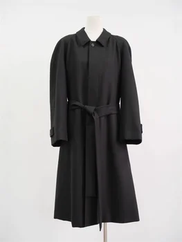 Cappotto lungo in lana da donna autunno e inverno Giacca di media lunghezza calda semplice ed elegante a maniche lunghe con fasce 1