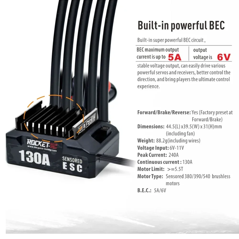 ESC 130A sans balais pour voiture RC 1/10 avec ventilateur et carte programmation