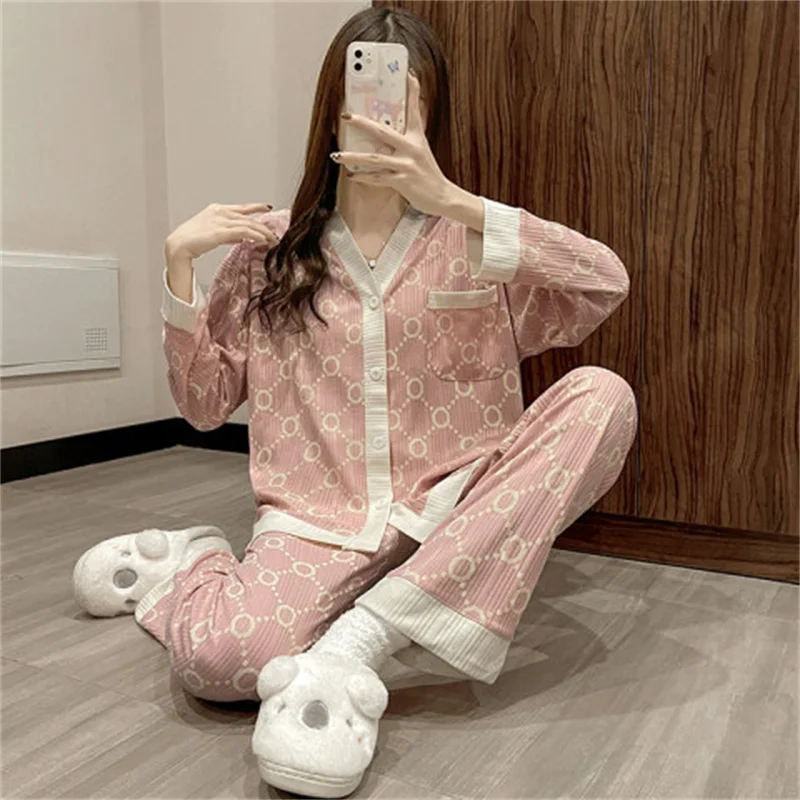 Spring Autumn Women's Thin Pajamas V-neck Long Sleeve Cardigan Loose Casual Comfortable Home Clothing Set Sweet Sleepwear