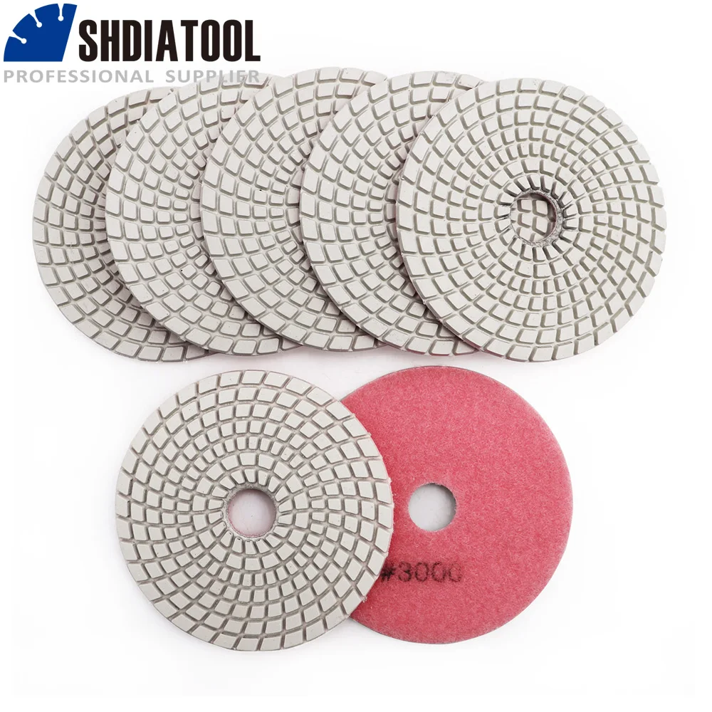 SHDIATOOL 7pcs 4  #3000 Diamond Wet Flexible Polishing Pads for Granite Stone Marble 100mm White Bond Sanding Disc 7pcs 4 inch diamond wet polishing pads 100mm flexible grinding wheels for granite marble stone sanding disc