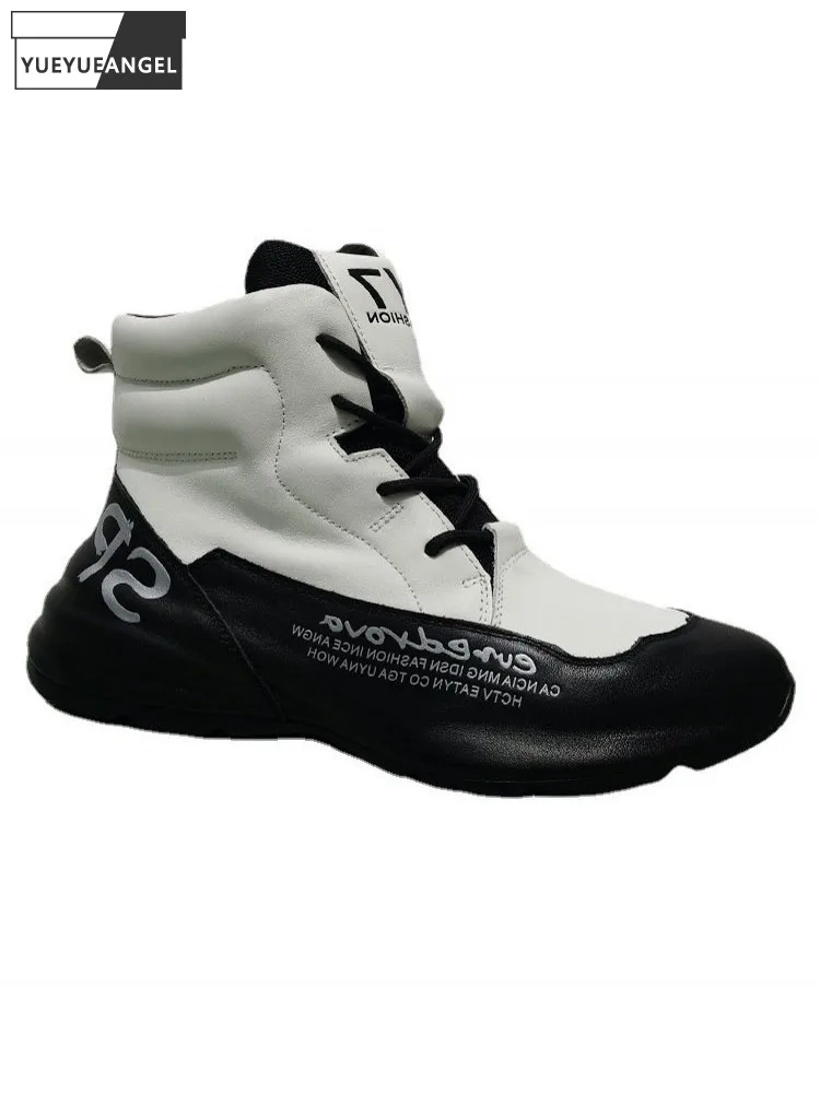 

High Top Sneakers Men Casual Thick Platform Shoes Fashion Genuine Leather Patchwork Colors Mixed Joggers Shoes Trainers Footwear