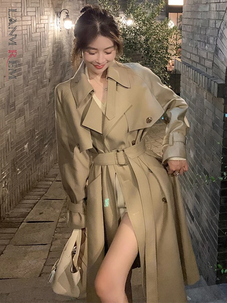 

LANMREM Korean Belt Trench Coat For Women Single Breasted Long Sleeves Solid Coats Female Clothing 2023 Autumn New 2YA3919