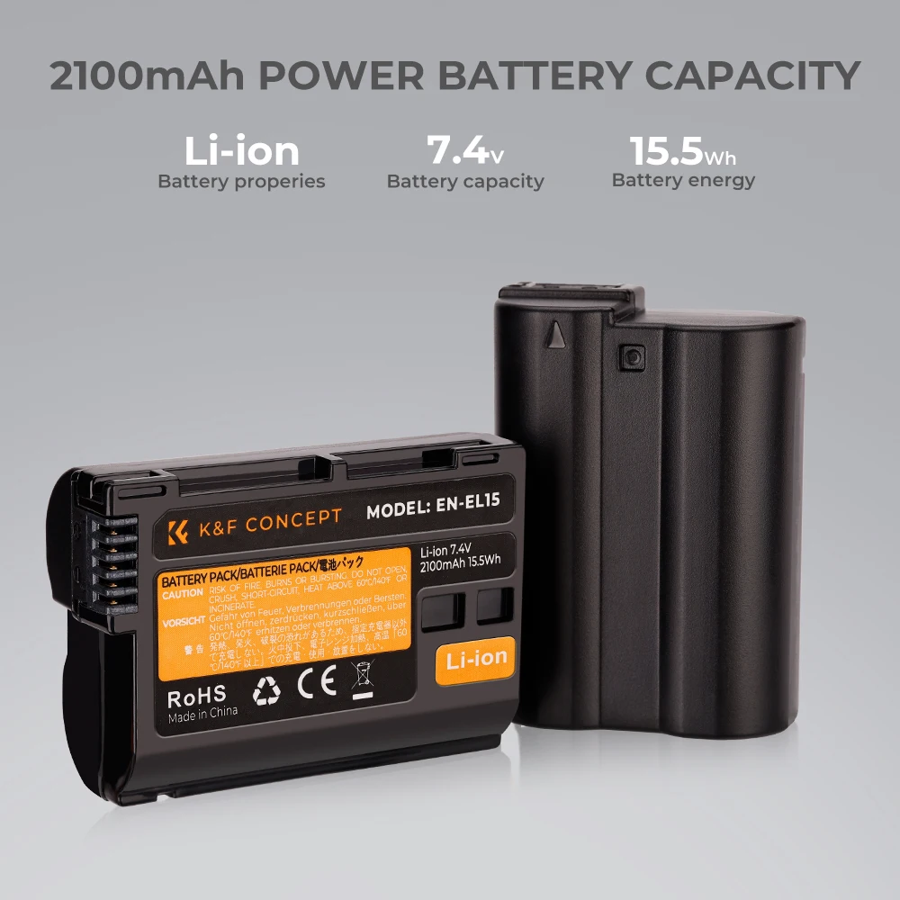 K&F Concept EN-EL15 EN-EL15A EN-EL15B 2 Pack Battery and Charger for Nikon Z6 Z7 D780 V1 D850 D810 D810A D800 D800E D750 Cameras 2