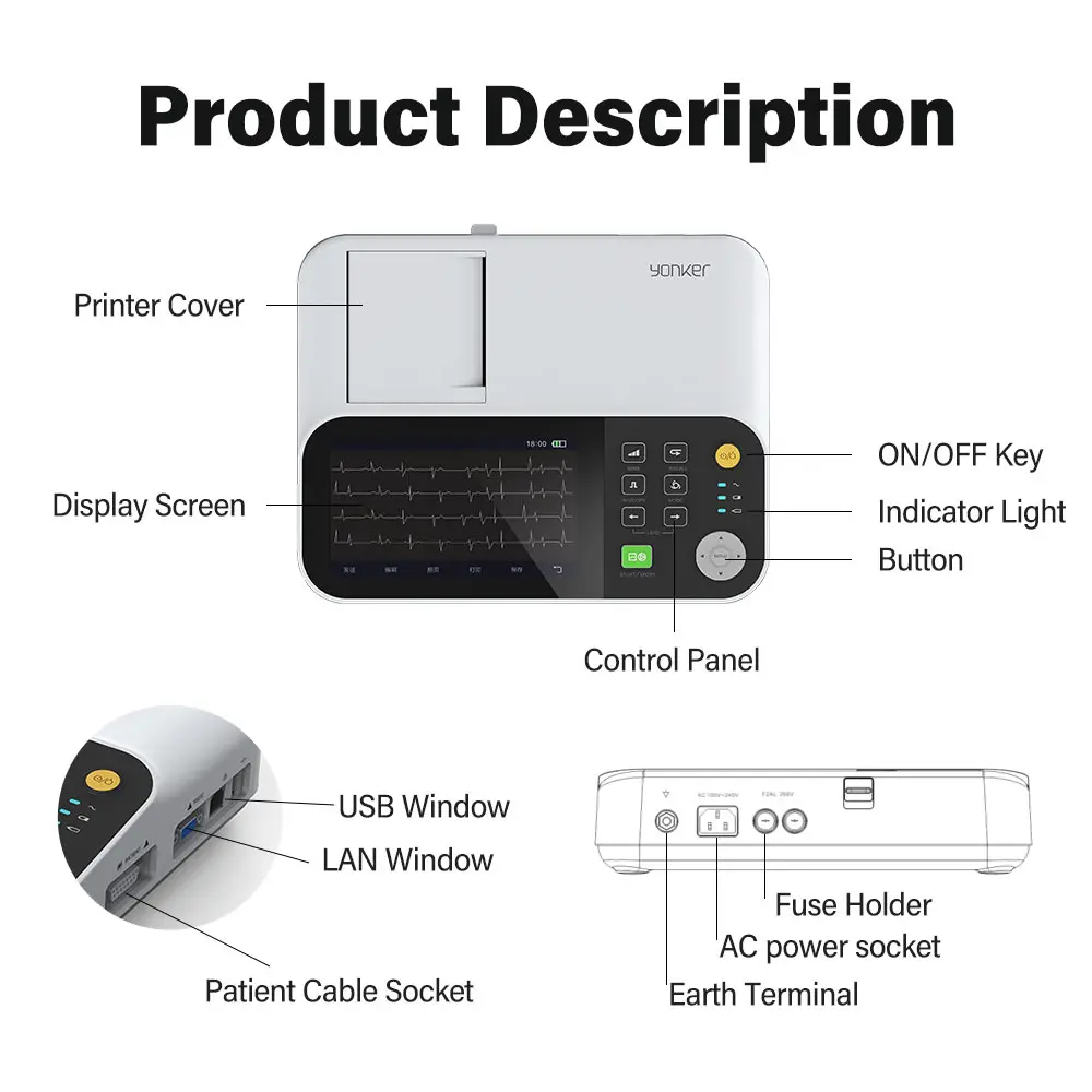 Yongrow Hospital Clinic Portable 6 Channel 12 Lead ECG Electrodes Machines Monitor Production ECG Machine With Thermal Printer