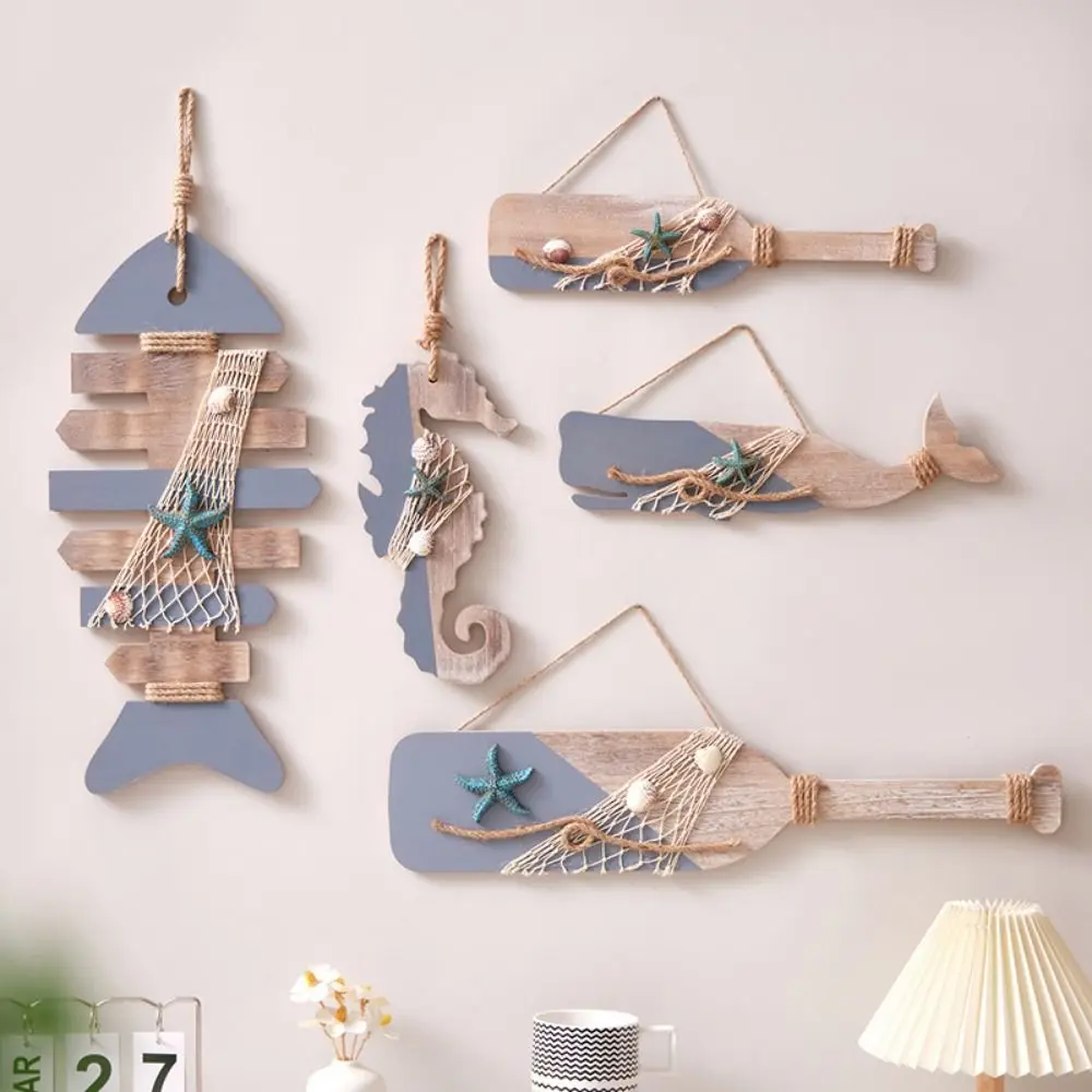 

Wood Seahorse Hanging Decor Vintage Portable White&Blue Wall Craft Decoration Durable Starfish Wall Fishbone Sign Coastal