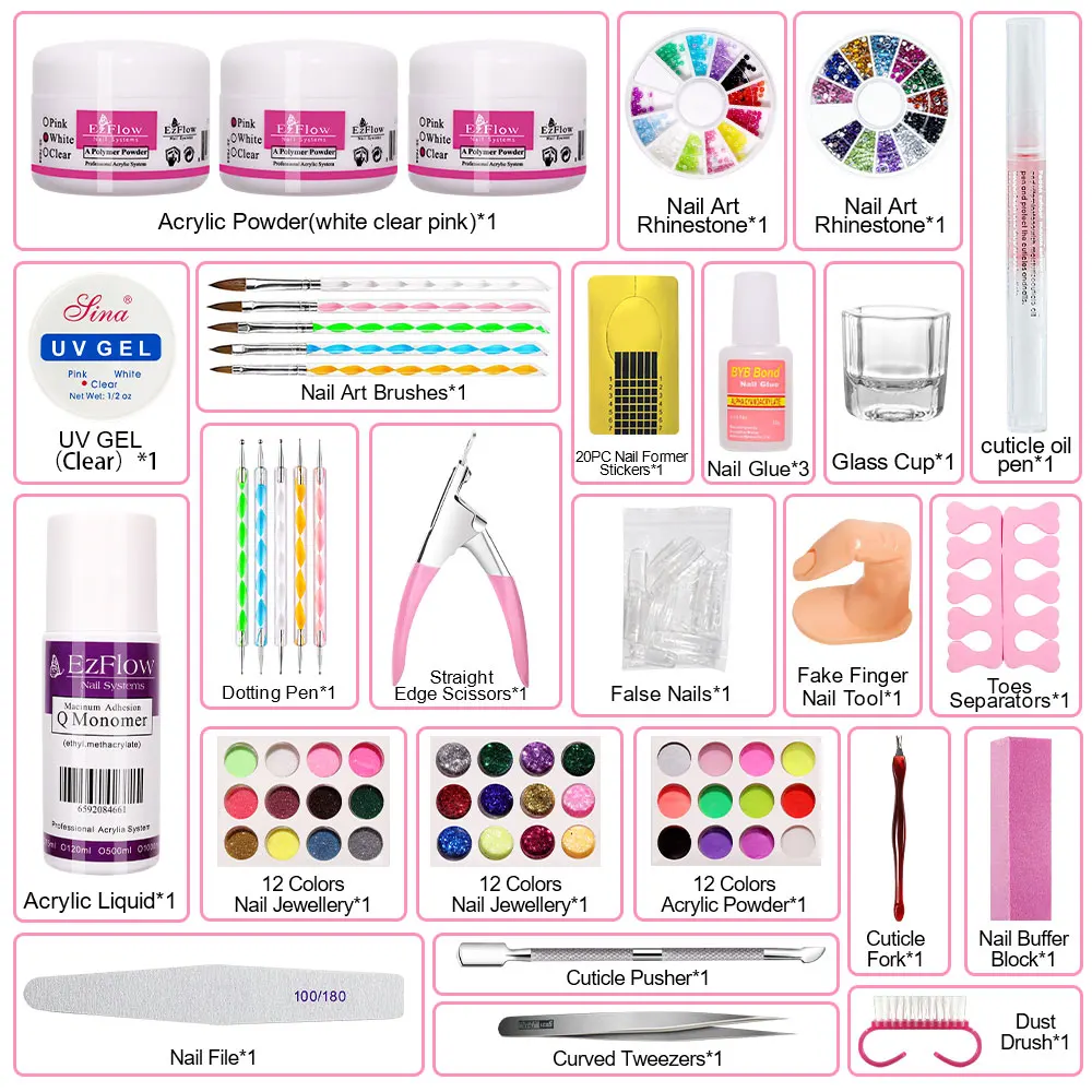 Acrylic Nail Art Kit UV Nail Dryer Light Polishing Tools With Electric Nail Drill Acrylic Nail Art Supplies For Beginner With Ev 4