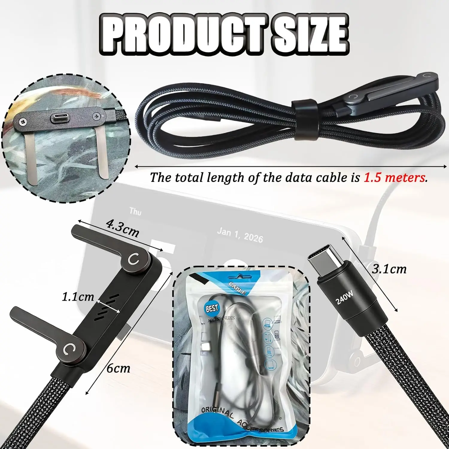 2in1 Holder Charger Cable 240w USB C to USB C Fast Charging Cord with Stand Durable Type-C Cable with 90° Angled T-Shaped Stand 6