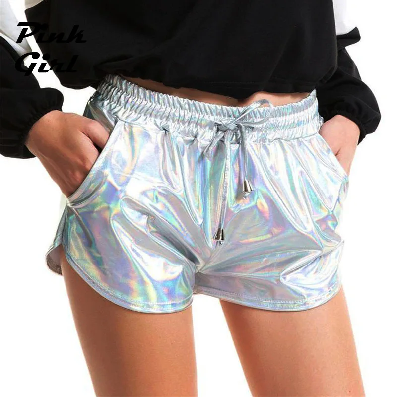 

Women Shiny Metallic Hot Shorts Holographic Wet Look Casual Solid Elastic Drawstring Festival Rave Booty Shorts 2022 Summer New