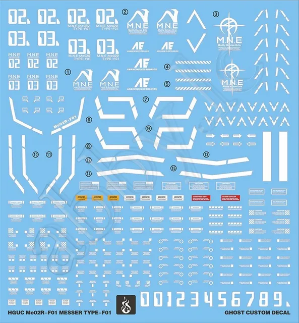 for HG UC 1/144 Me02R-F01 Messer Type F01 Water Slide pre-Cut UV Light-Reactive Details Decal Sticker Reprint ver Ghost G-REWORK 2