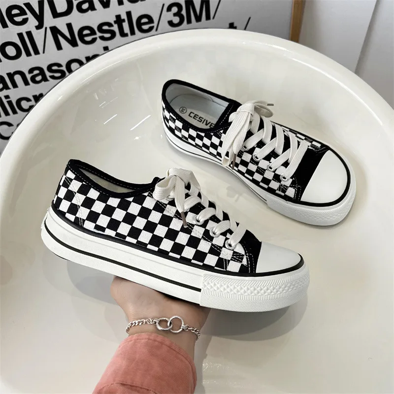 여학생 여름 블랙 화이트 체크 무늬 스니커즈, 단색 캔버스 신발, 스퀘어 토 여성 레오파드 디자인 테니스 신발