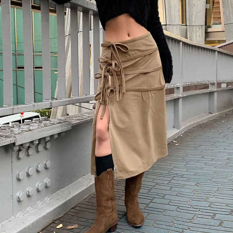 

Simple Woven Skirt Retro Lace-up Split Long Skirts Y2K Aesthetic Bow Bandage Straight Skirt Korean Harajuku Women'S Midi Skirt