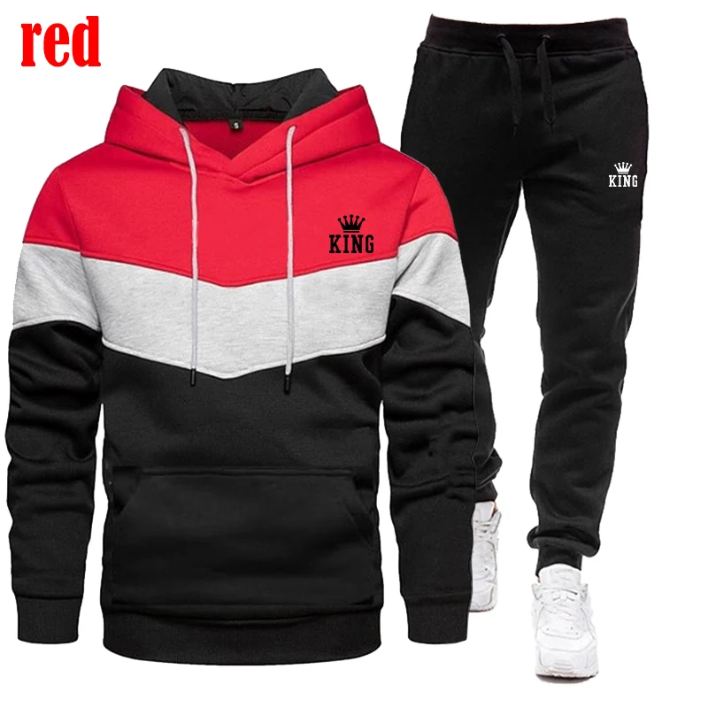 Fashion King Print Tri Color Hoodie Set Autumn/Winter Pullover Hooded Sports Sweater+Pants Casual Sports Two Piece Set