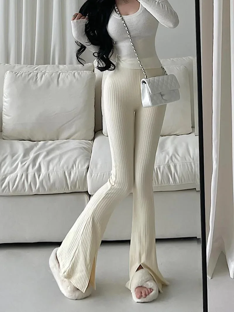 WOMENGAGA High Waist Tight Slim Fashion Women Pants Knitted Casual Pants Floor Slam Pants Flare Pants Trousers 2023 98P4