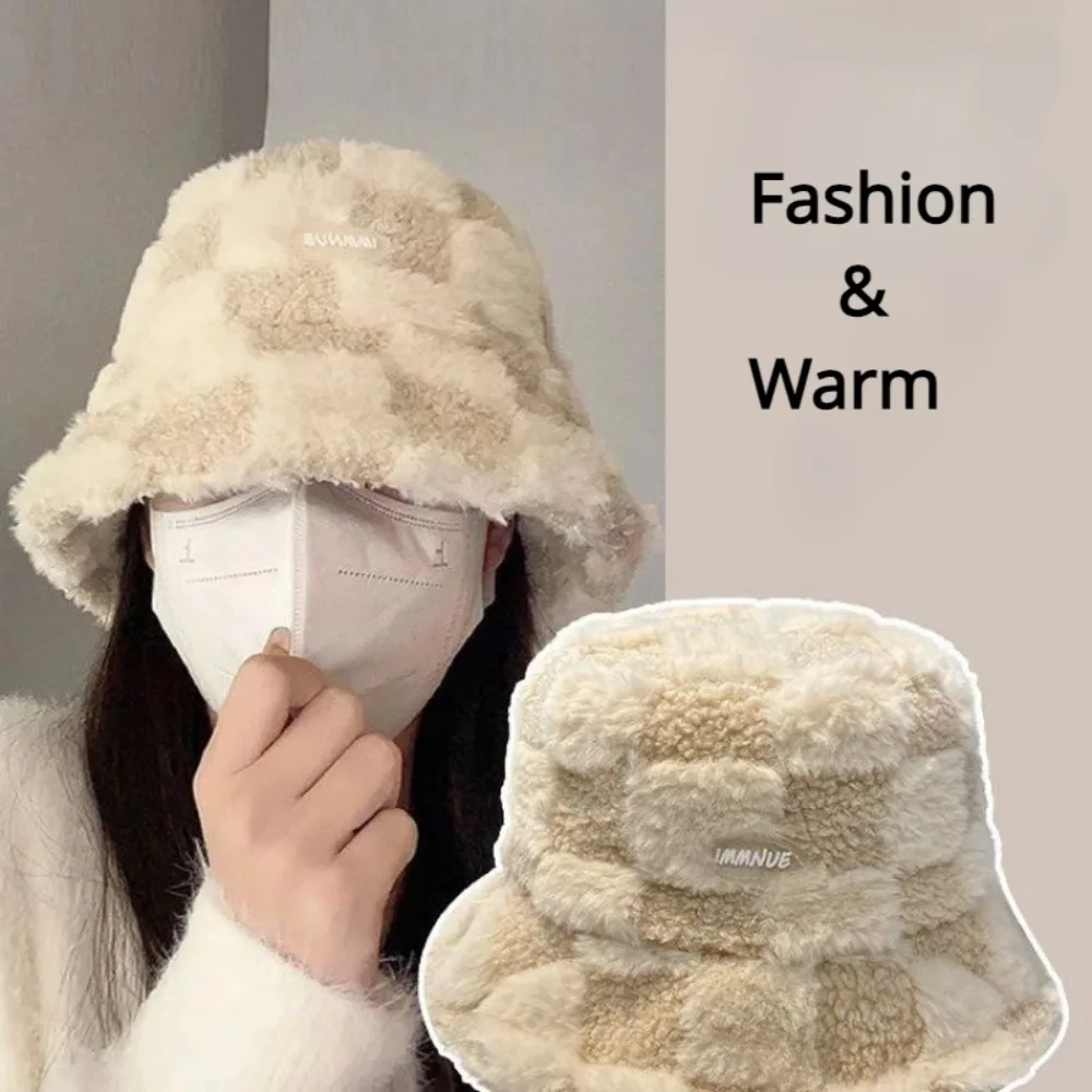 

Winter Lamb Fleece Pot Hat for Men and Women Korean Plaid Fishermen Panama Caps Thicken Outdoor Casual Warm Plush Bucket Hat