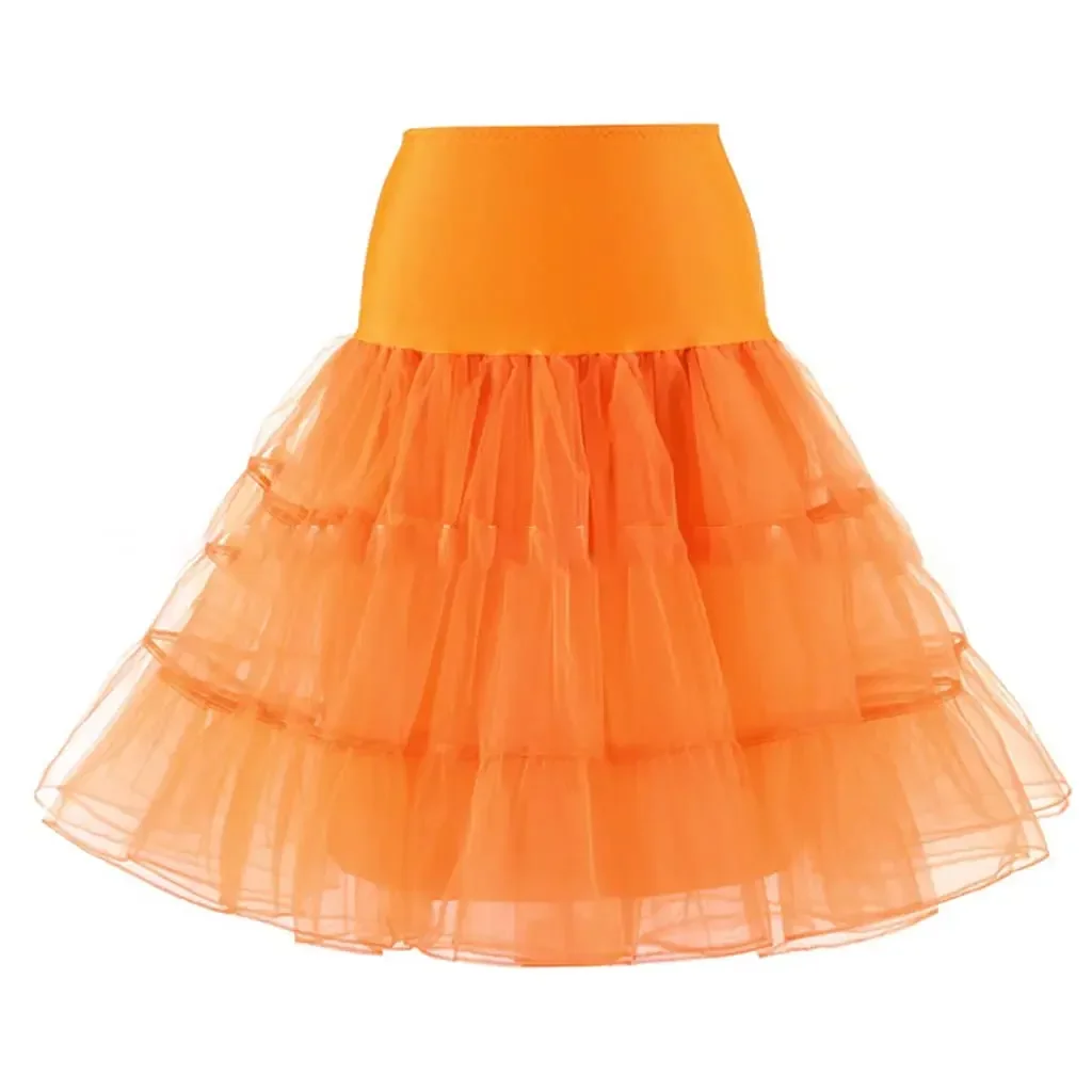 Women 50s Vintage Tulle Petticoat Solid Color Mesh Hoopless Half Slip Underskirt Knee Length Crinoline Tutu Skirt