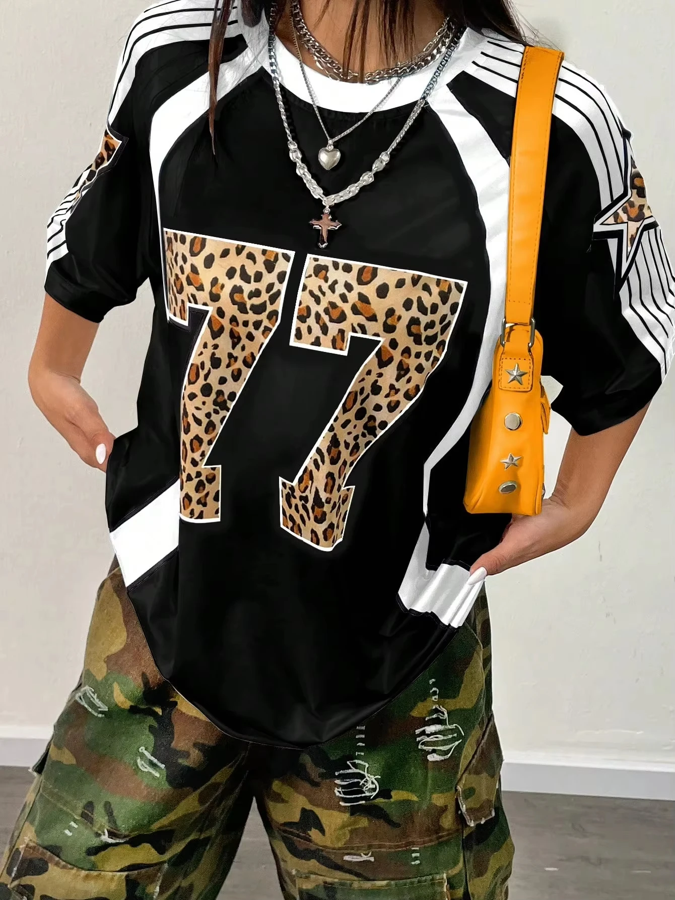 Leopard Number 77 T-Shirt Women Summer sexy Oversized V-neck