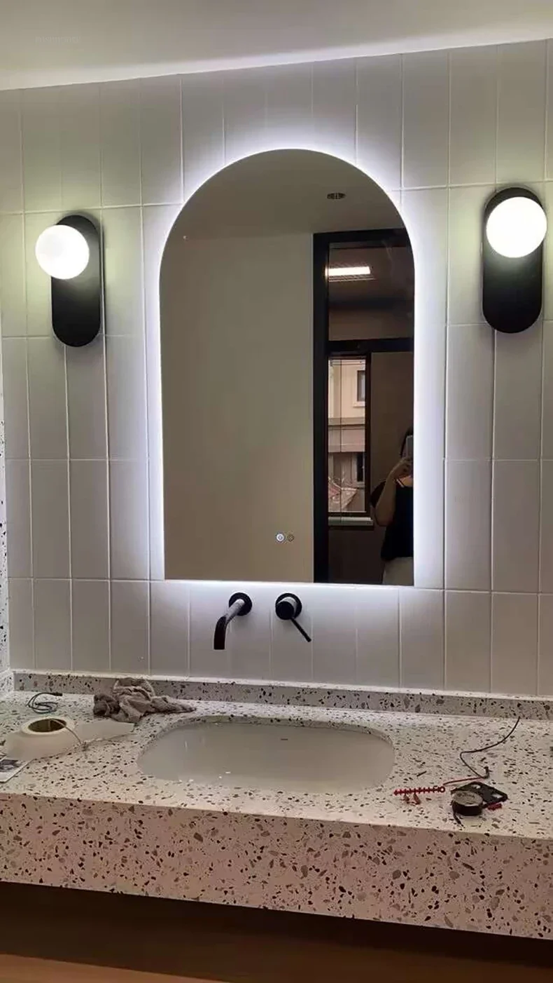 Description Picture 6 of itemFrench Glass Bath Mirrors for Toilet Wall-mounted Dressing Touch Screen Mirrors Light Luxury Arched Design Mirrors for Bedroom