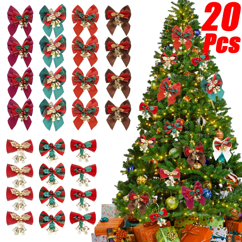 

1-20pcs Christmas Bow Ornament Christmas Tree Bell Pendent Red Green Bowknot Christmas Wedding New Year Party Hanging Decoration
