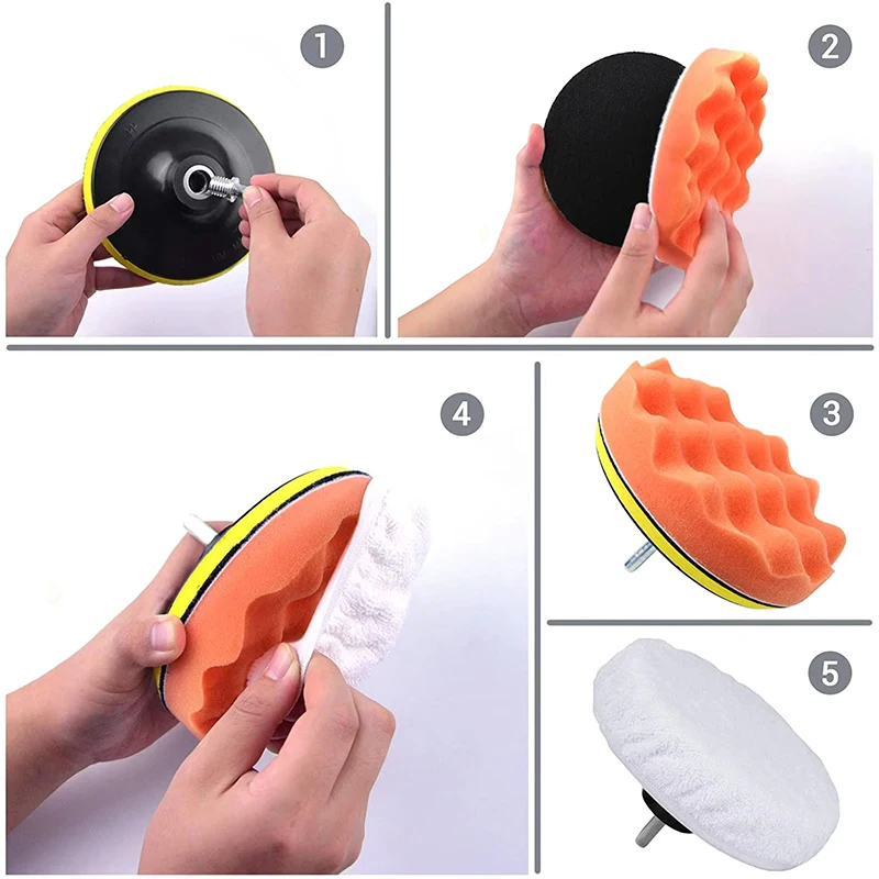 3/4/5/6/7 Inch Car Polishing Kit Wool Wheel Polishing Pad Self-Adhesive Waxing Sponge Drill Bit Adapter Car Cleaning Tools