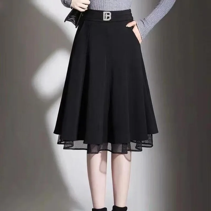 

Элегантная черная кружевная Лоскутная юбка, новинка весны-лета, однотонная свободная трапециевидная юбка большого размера, винтажная модная женская одежда