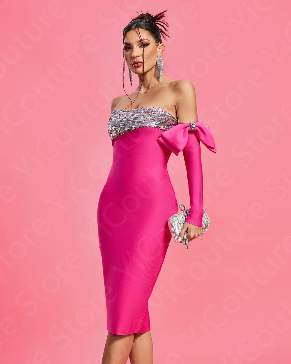 Hot Pink Cocktail Party Dresses Mid Calf Length Homecoming Gowns Off Shoulder Sleeve Pageant Dresses Sequined