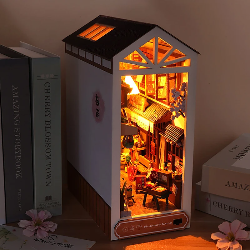 Fai da te Book Nook Kit scaffale inserto case delle bambole in miniatura Puzzle 3D libreria in legno camera casa delle bambole fermalibri con luce a LED giocattoli regali