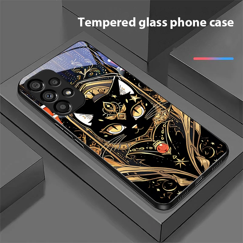 Black Gold Cat Design Tempered Glass Phone Case with Hard Shell
