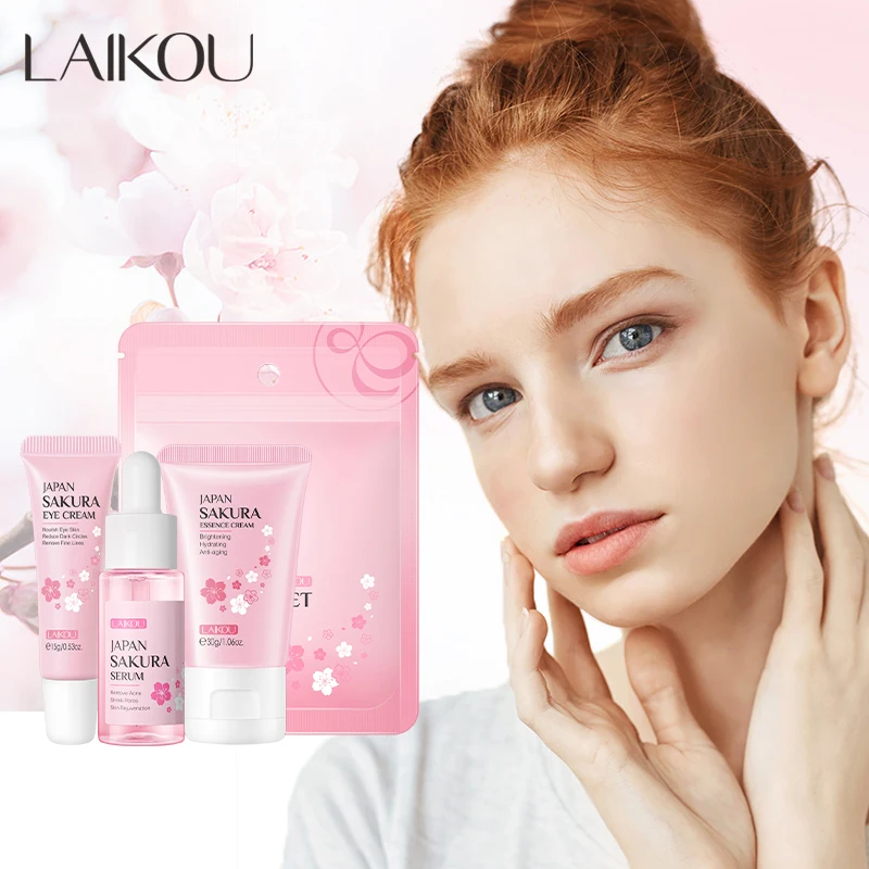 LAIKOU Sakura Brightening Facial Serum Lighten Blemishes Cream Reduce Wrinkles Moisturizer 3pcs/Set